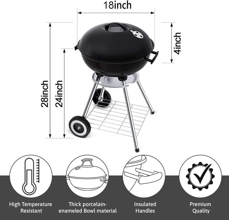 Papapacks 18 Inch Portable Charcoal Grill with Accessories for Outdoor Cooking Barbecue Camping BBQ Coal Kettle - Mini Grilling Utensil Includes Tongs, Spatula,Fork,Basting Brush, Scraper - Image 2